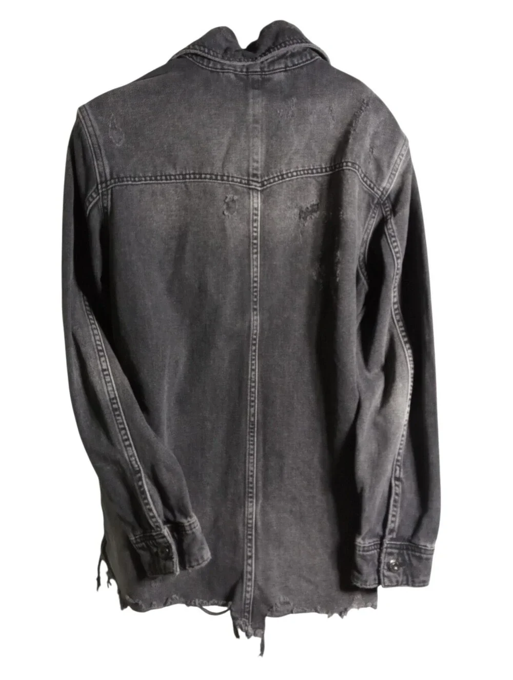 Free People Factory Distressed Black Denim Utility Jacket Raw Hem Large - Picture 9 of 9